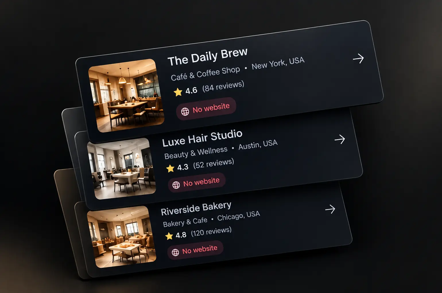 Business lead cards without websites